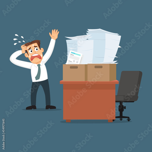 Businessman worry about a pile of documents of work on the table, illustrator vector cartoon drawing