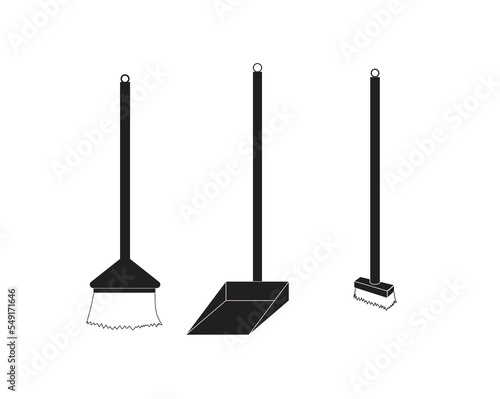 silhouette icon vector design of several tools that are commonly used manually to clean dirt on the floor including a straw broom and a floor brush using a stalk