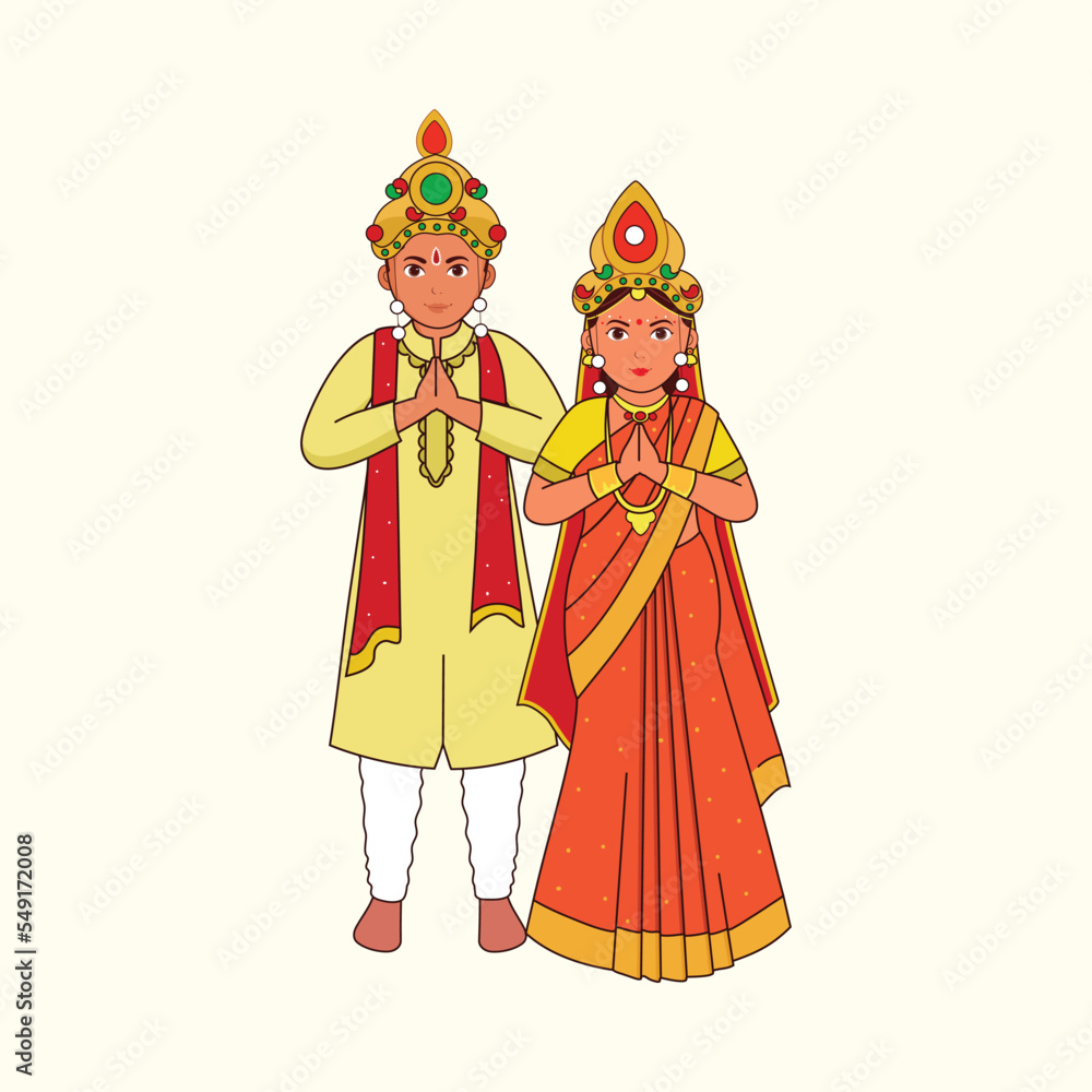 Odia Wedding Couple Greeting Namaste In Traditional Costume On Cosmic Latte Background.