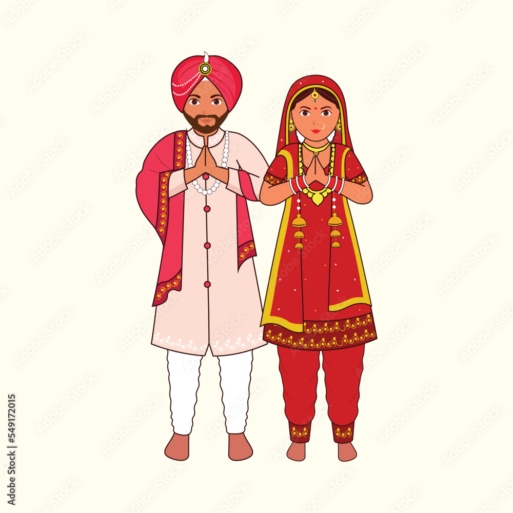 Sikh Wedding Couple Greeting Namaste In Traditional Dress On Cosmic Latte Background.