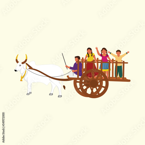 South Indian Man Riding Bullock Cart And Children Enjoying Against Pastel Yellow Background.