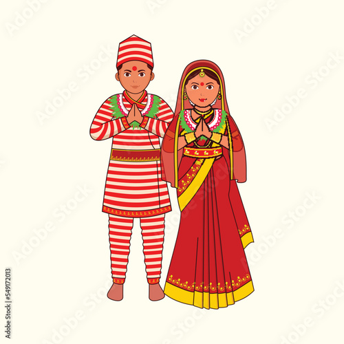 Nepali Bride And Groom Wearing Traditional Dress In Namaste Pose Against Cosmic Latte Background.