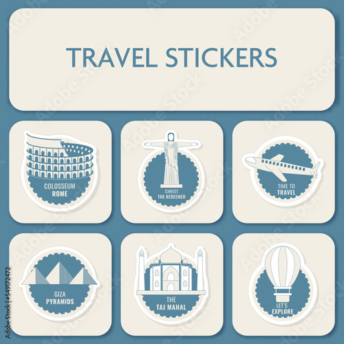 Different Country Monument With Air Vehicle For Travel Sticker Collection In Blue And Beige Color.