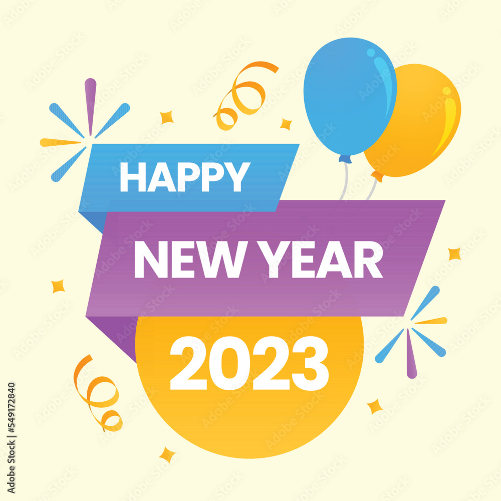Flat Style Balloons With Confetti On Cosmic Latte Background For 2023 Happy New Year Celebration.