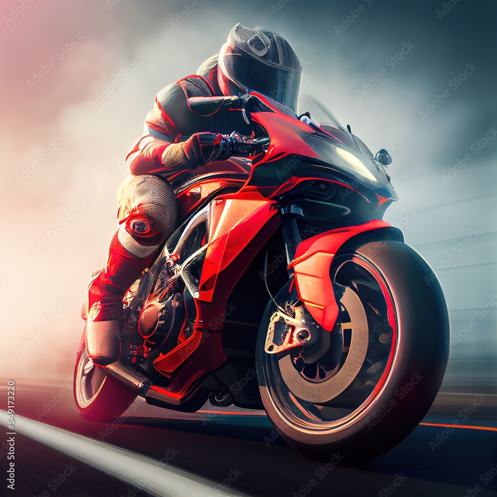 Biker on red motorcycle rides at the highway. Blurred motion, fast speed. Photorealistic illustration generated by Ai