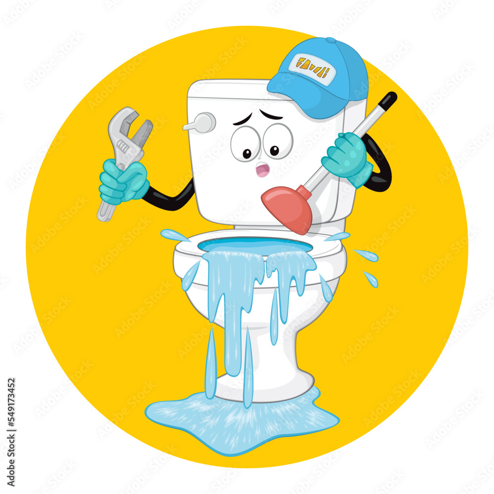  Toilet with human arms holding toilet plunger trying to fix the toilet is clogged, illustrator vector cartoon drawing
