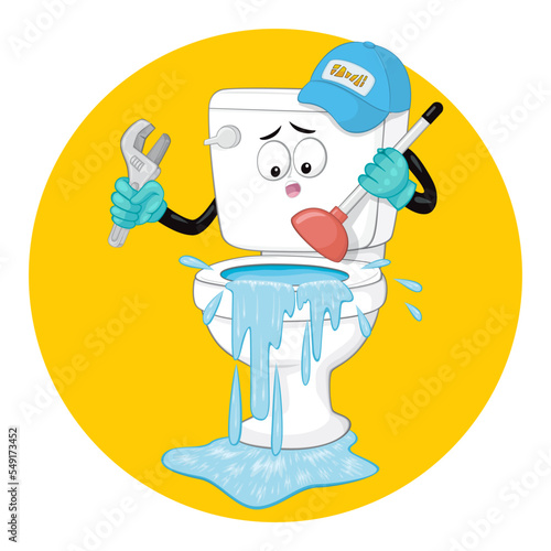  Toilet with human arms holding toilet plunger trying to fix the toilet is clogged, illustrator vector cartoon drawing
