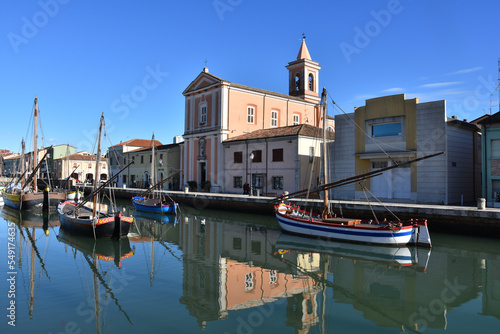 Ancient beautiful boats on canal Port in Cesenatico in Emilia Romagna in Italy created by  Leonardo da Vinci  photo