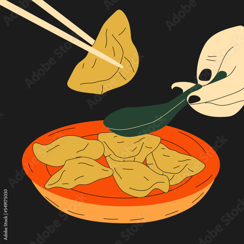 Cute cartoon drawing of dim sum doodle. Traditional Chinese dumplings. Illustration of the Kawaii Asian food vector.