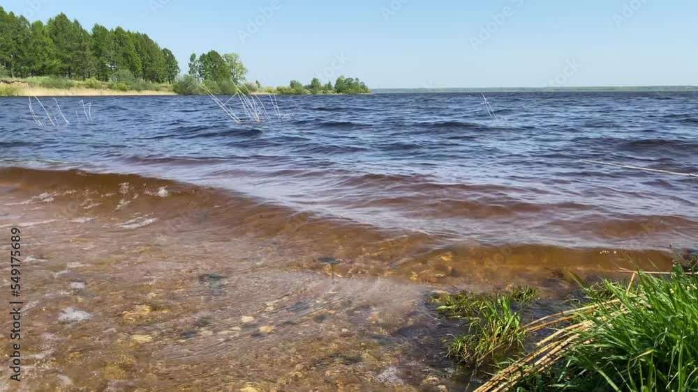 waves of clear water roll to the shore. a summer landscape with a lake or reservoir. waves of clear water roll to the shore. a summer landscape with a lake or reservoir.