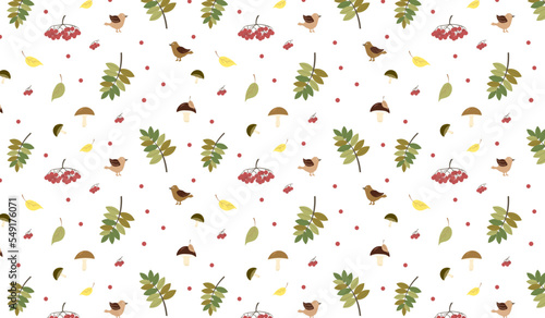 Pattern with red berry, leaves, mushrooms and birds. Fall background.