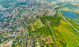 Ryazan, Russia. Ryazan Kremlin. Northern ring road. The Trubezh River and the Oka River. historical natural landscape Protected meadow. Aerial view