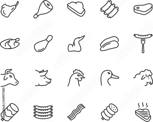 Vector set of meat line icons. Contains icons beef, pork, chicken, duck, lamb, bacon, sausage, ham, rib, steak and more. Pixel perfect.