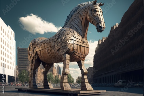 Trojan horse in a city, created with generative AI	 photo