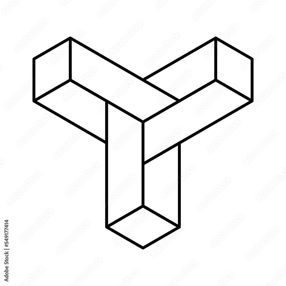 Linear Y logo template. Infinite geometric shape. 3D letter Y made of  blocks. Three rectangles optical illusion. Penrose Esher Impossible figure.  Endless object effect. Vector illustration, clip art Stock Vector