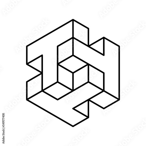 3D logo with three letters T. TTT acronym logo template. Linear cube forming alphabet symbol T. Abstract logotype with 3 capital T design elements. Corporate identity. Vector illustration, clip art