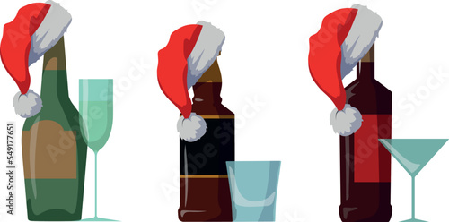 Collection of alcohol for christmas. Vector illustration of alcohol bottles. Santa hat. Christmas party.