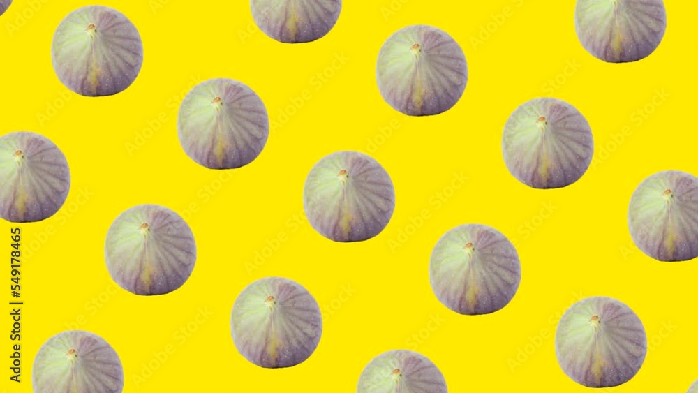 Figs in animated grid seamless loop pattern on a yellow background. Abstract background with fresh fruit. Exotic food concept illustration Figs in animated grid seamless loop pattern on a yellow background. Abstract background with fresh fruit. Exotic food concept illustration