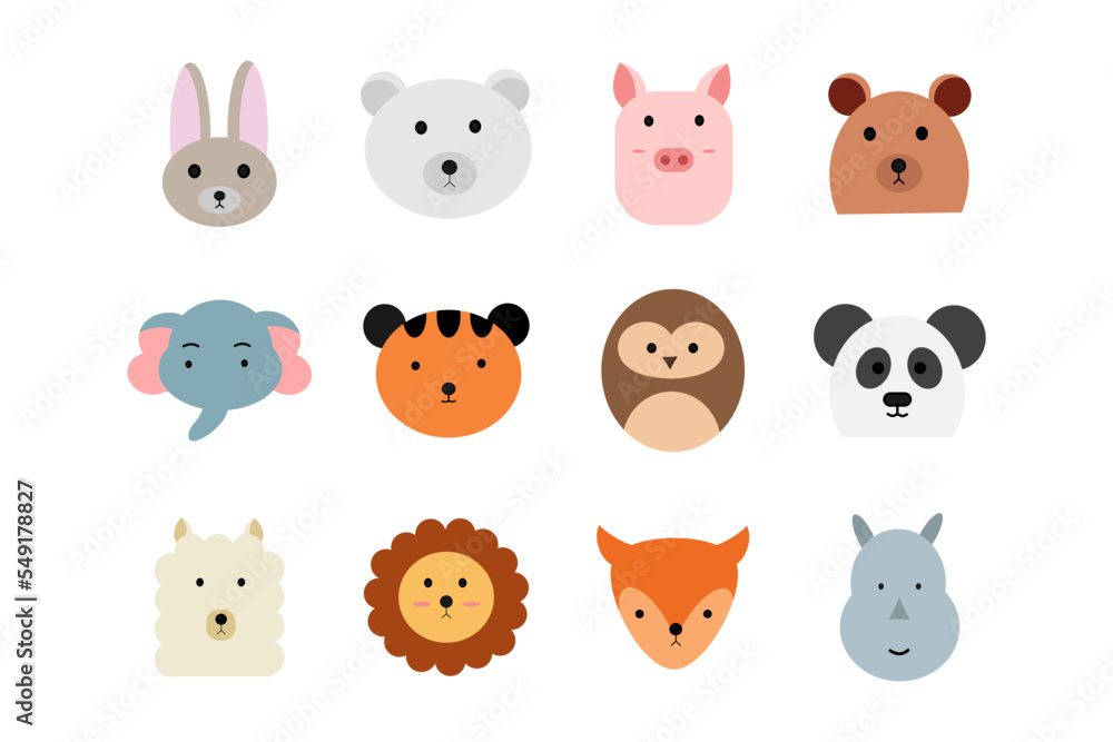 Set of cute wild animal head illustration. Collection of African animal character design elements for kids
