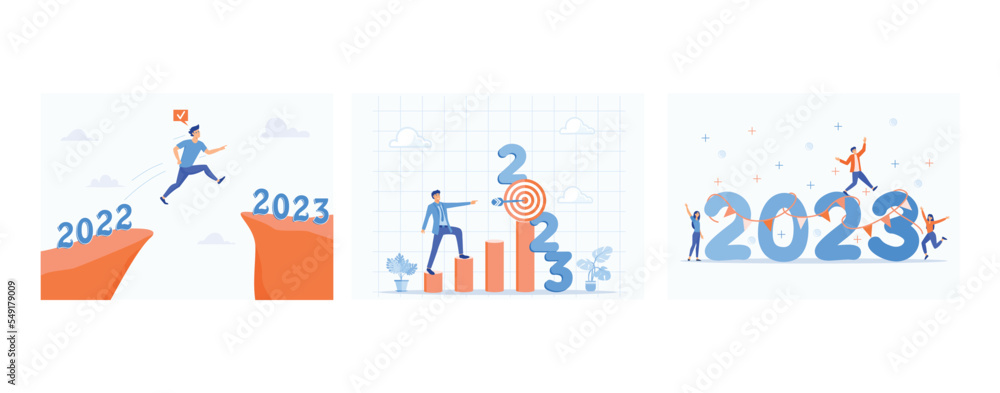 Year 2023 hope, determine targets for business in 2023, people partying to celebrate new year's eve from 2022 to 2023, set flat vector modern illustration