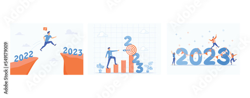 Year 2023 hope, determine targets for business in 2023, people partying to celebrate new year's eve from 2022 to 2023, set flat vector modern illustration
