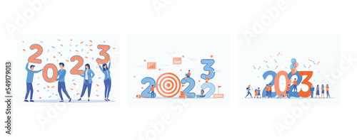 People holding 2023 New Year numbers in hands, business in 2023, 2023 New year with New normal lifestyle ideas concept, set flat vector modern illustration