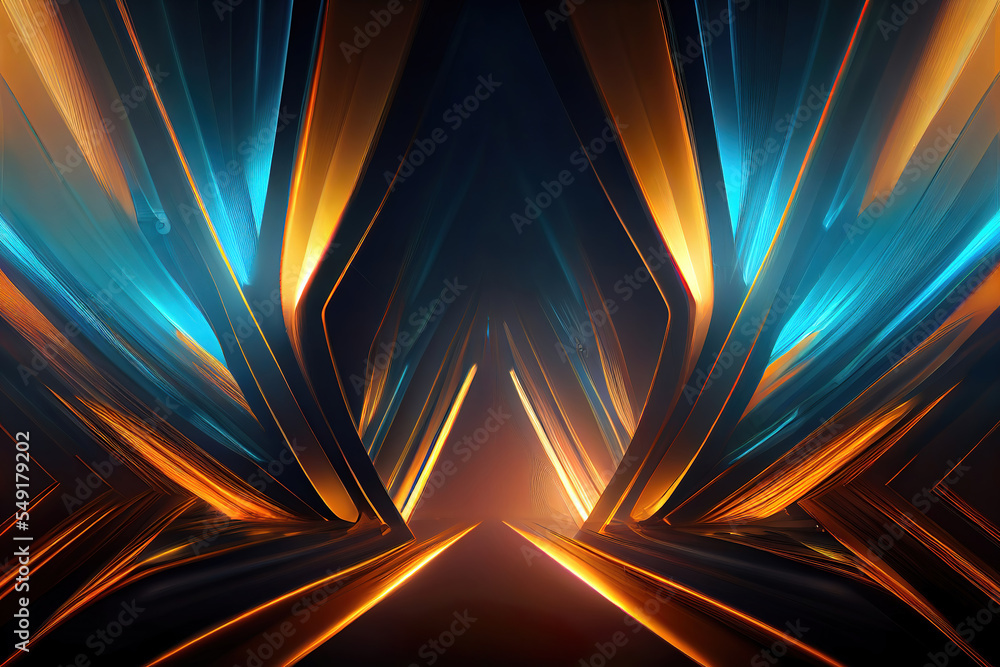 abstract blue and gold and orange background, glowing light rays as
