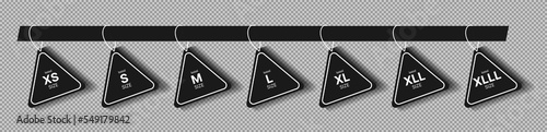 Clothing size black triangle sticker. XS, S, M, L, XL, XXL, XXXL label tags on transparent background. Vector illustration