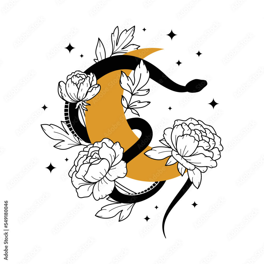 Vector magic illustration with celestial snake, moon, stars and flowers ...