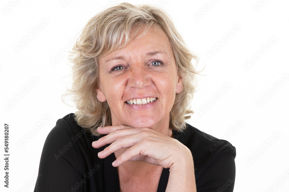 blond pretty senior woman smiling on isolated white background blond pretty senior woman smiling on isolated white background