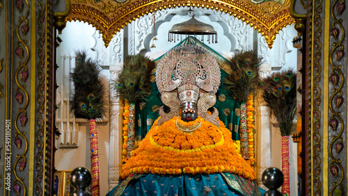 Lord Khatu Shyam ji Baba, form of Lord Krishna decorated with colorful garlands in Khatu. Shyam is a name and manifestation of Barbareek, grandson of Bhim and Hidimba in Mahabharata. photo