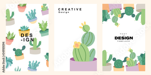 Set of Cactus illustration for poster template. Collection of flower design in cute and trendy style