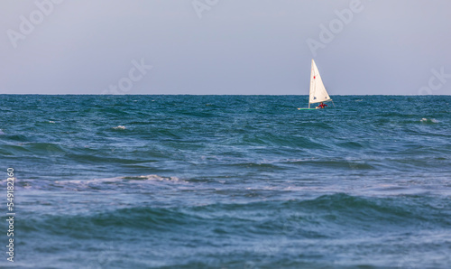 Israel  Herzliya - Haifa 05  2022 Small sailboats sailing in the Mediterranean