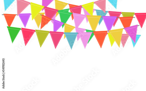 Greeting or Birthday party invitation with carnival,bunting flag garlands. Part decorating concept with colorful hanging above. Happy birthday. with copy space for your text.