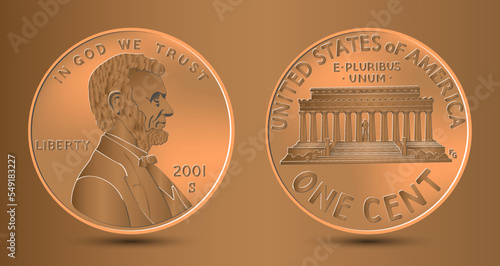 United States one cent or penny, coin with President Abraham Lincoln on obverse and Lincoln Memorial on reverse. American money, Lincoln Memorial. Vector.