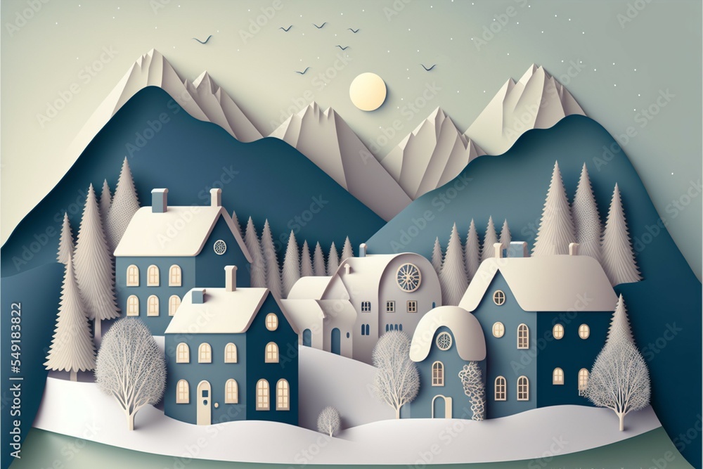 Illustration in paper cut craft style of beautiful cozy house in winter frost village in valley, countryside at dusk or dawn 