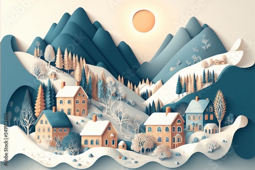 Illustration in paper cut craft style of beautiful cozy house in winter frost village in valley, countryside at dusk or dawn , Generative Ai