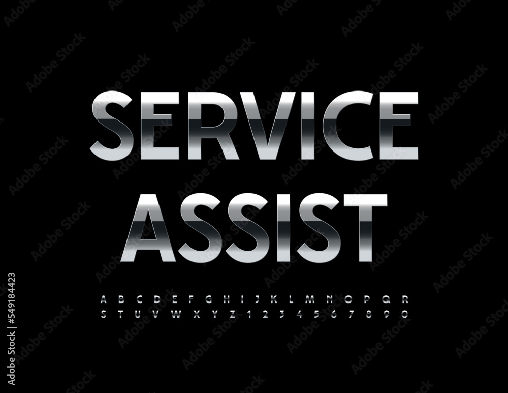 Vector metallic sign Service Assist. Stylish Silver Font. Artistic Alphabet Letters and Numbers set