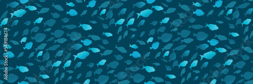 Seamless pattern with a shoal of fish on a dark blue background. Creative marine print with silhouettes of ocean fish (a floating flock of fish) . Underwater marine world backdrop. Vector illustration