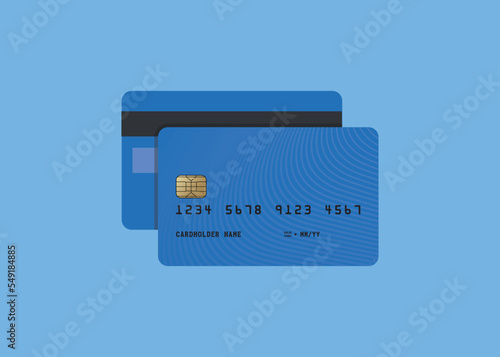 Vector illustration of detailed glossy blue credit card isolated on bluish background