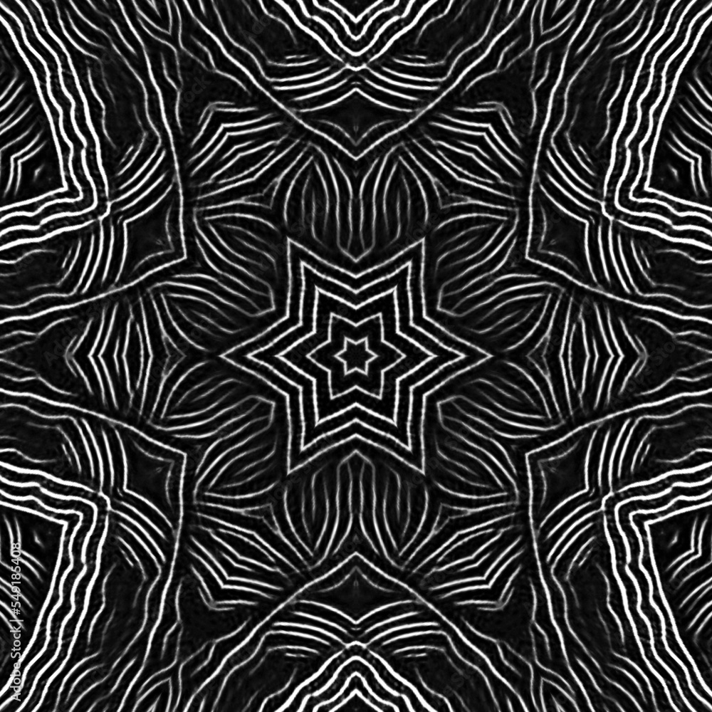 wavy monochrome kaleidoscopic design as hexagonal floral fantasy