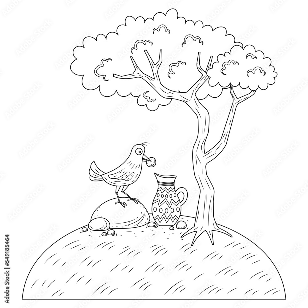 The crow and the pitcher picture for story book. Aesop's fable