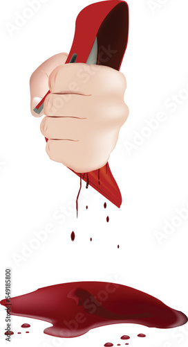 Bloody female red shoe clutched in the male hand-