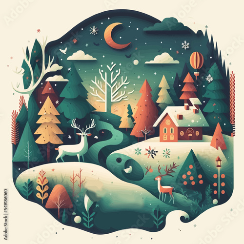 Winter Christmas tree Background in Flat Vector Color Illustration