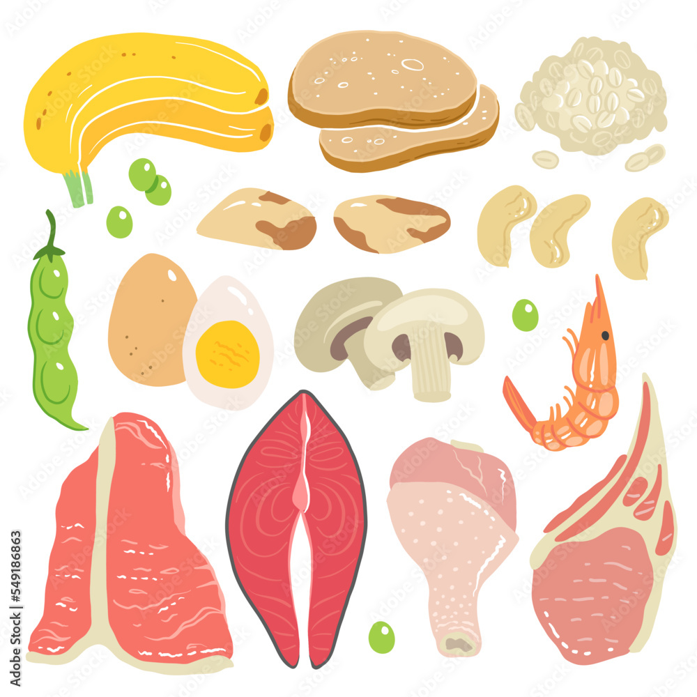 Selenium vector stock illustration. Food products with a high content of the mineral. tuna fish, meat, mushrooms, shrimps, brazil nuts, cashew, oats, bread, beans. Information poster. Food, diet.