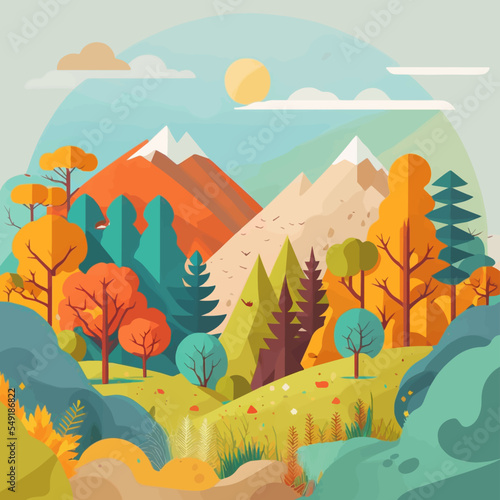 Nature Mountain Forest Jungle Landscape Background in Vector Flat Color © Vibrands Studio