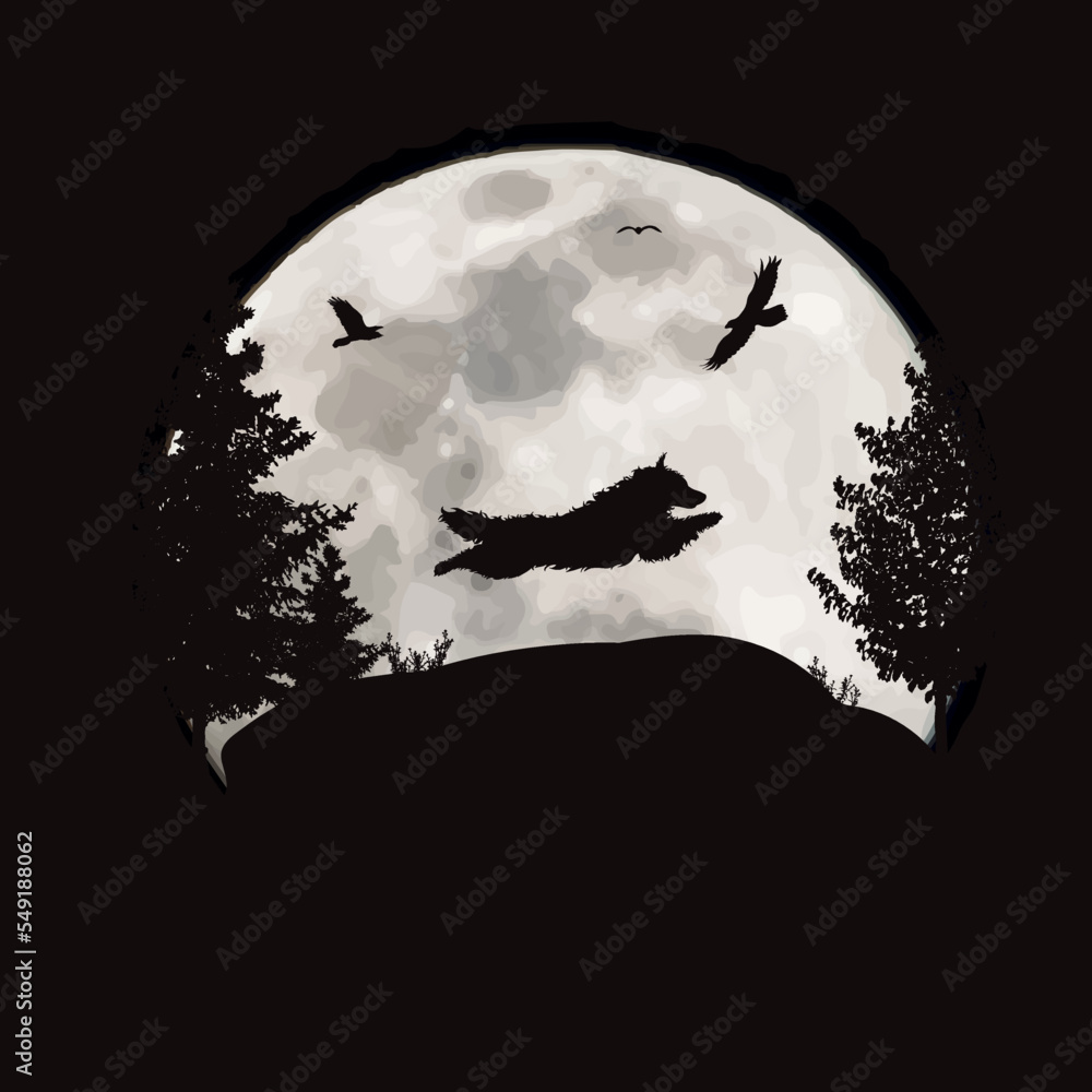 Vector silhouette of jumping dog on moon background. Symbol of night and pet animal.