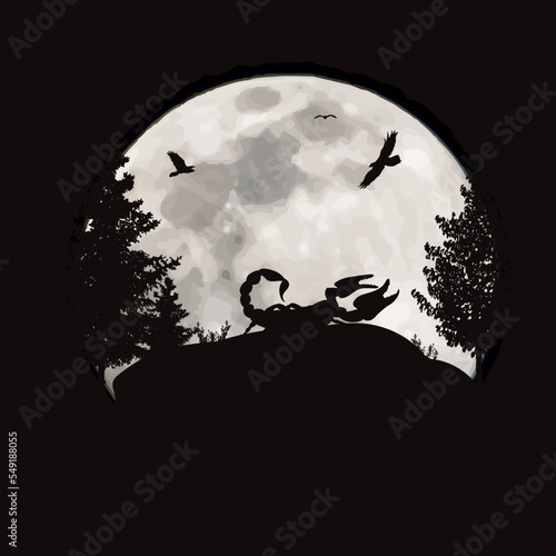 Vector silhouette of scorpion on moon background. Symbol of night and wild animal.
