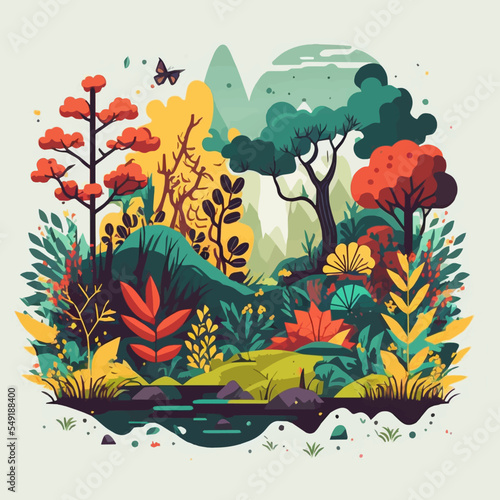 Nature Mountain Forest Jungle Landscape Background in Vector Flat Color