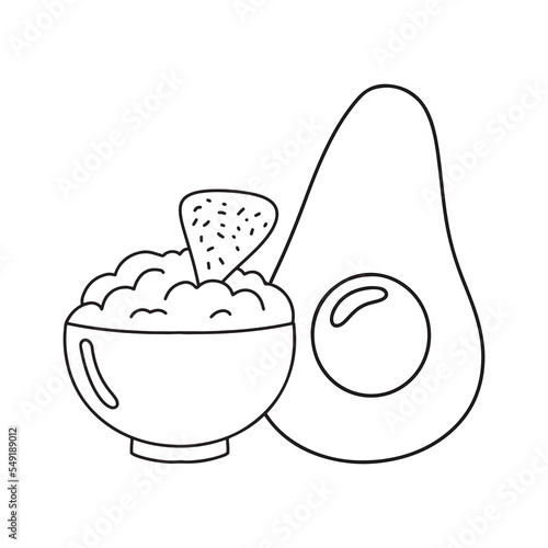 Guacamole with nachos - traditional Mexican latin american sauce made from avocado. Ceramic bowl with guacamole snack, tortilla chips and avocado. Contour drawing, simple  sketch style